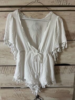 SHEIN White Tassel-Trim V-Neck Camisole Romper